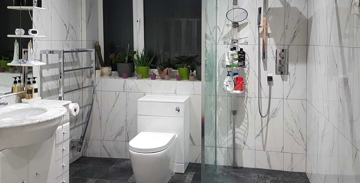 modern tiled bathroom with open shower