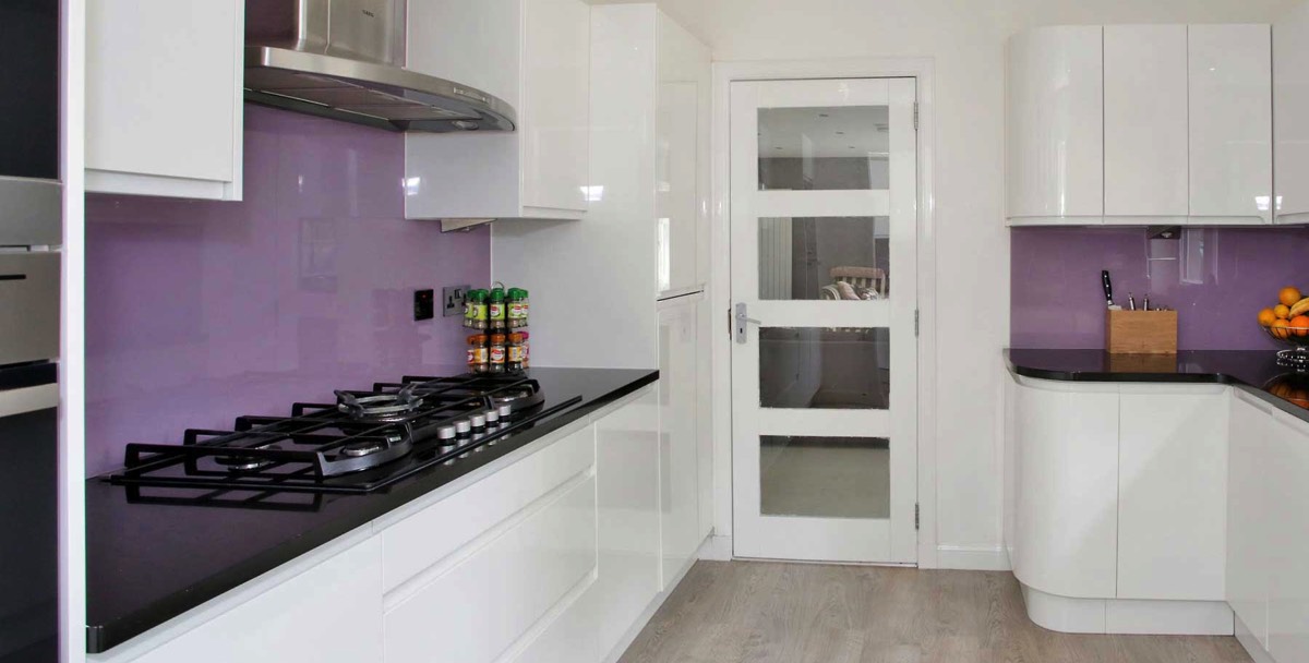 bright white and purple new kitchen, installed in a residential property in Aberdeen